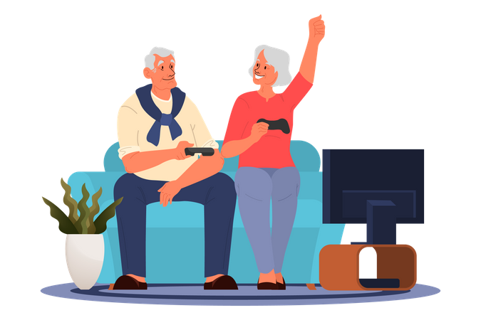 Casal de aposentados jogando videogame  Ilustração