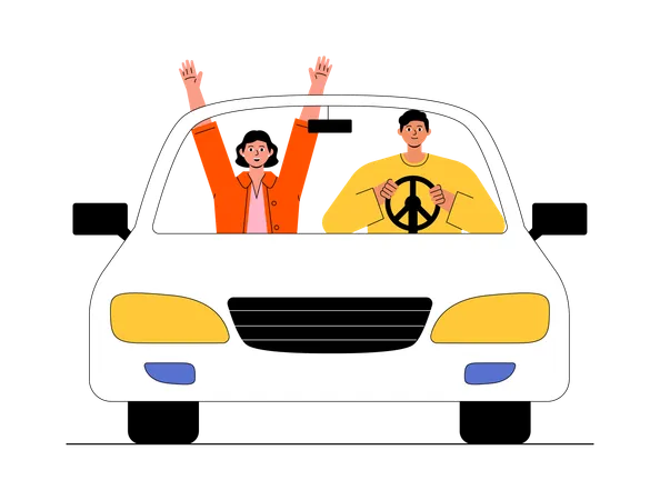 Casal curtindo o passeio de carro  Ilustração