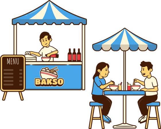 Casal apreciando sopa Bakso no café  Ilustração