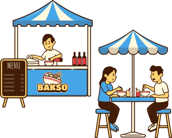 Casal apreciando sopa Bakso no café  Ilustração