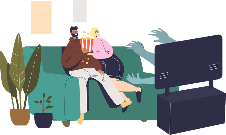 Casal assistindo filme de terror em casa  Ilustração