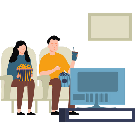 Casal assistindo TV e pipoca  Ilustração
