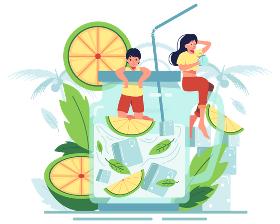 Casal bebendo suco de limão nas férias de verão  Ilustração