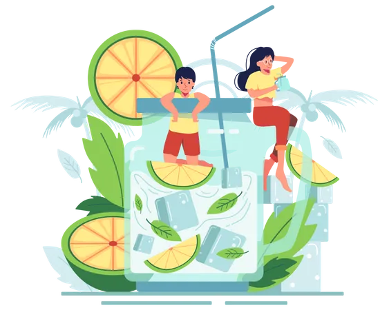 Casal bebendo suco de limão nas férias de verão  Ilustração