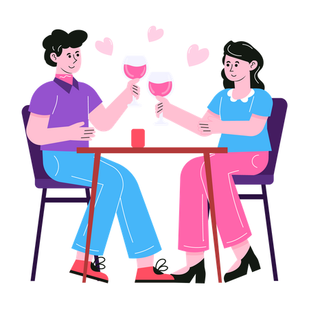 Casal bebendo vinho em encontro romântico  Ilustração