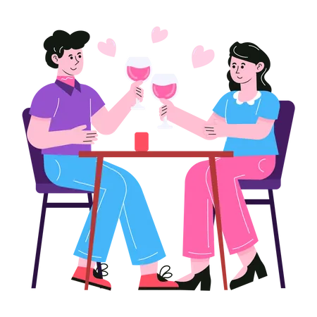 Casal bebendo vinho em encontro romântico  Ilustração