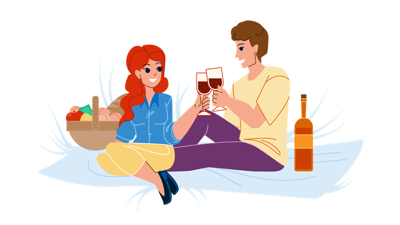 Casal bebendo vinho no piquenique  Ilustração