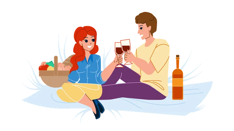 Casal bebendo vinho no piquenique  Ilustração