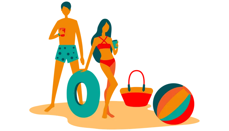 Casal bebe em vestido de praia com bola de praia e anel  Ilustração