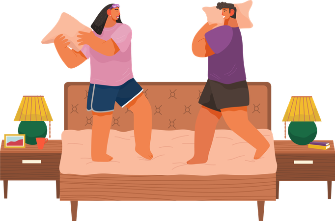 Casal brigando com travesseiros e se divertindo juntos  Illustration