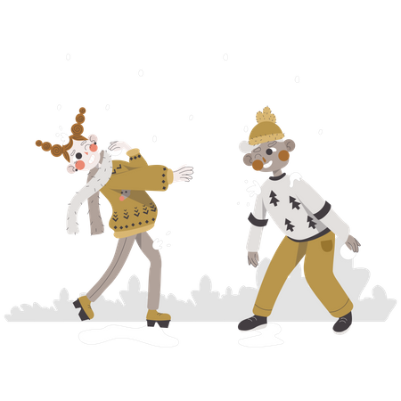 Casal brincando com bolas de neve  Ilustração