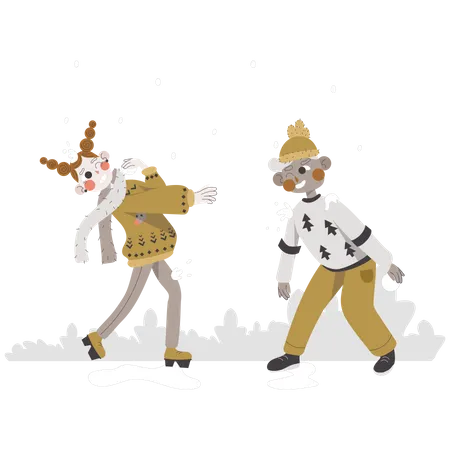 Casal brincando com bolas de neve  Ilustração