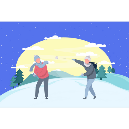 Casal brincando com bolas de neve  Ilustração