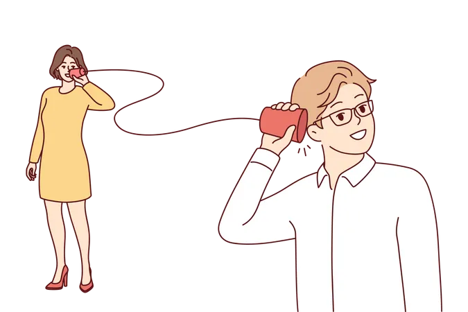 Casal brincando com telefone de corda de copo de papel  Ilustração