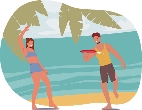 Casal brincando com frisbee na praia  Ilustração