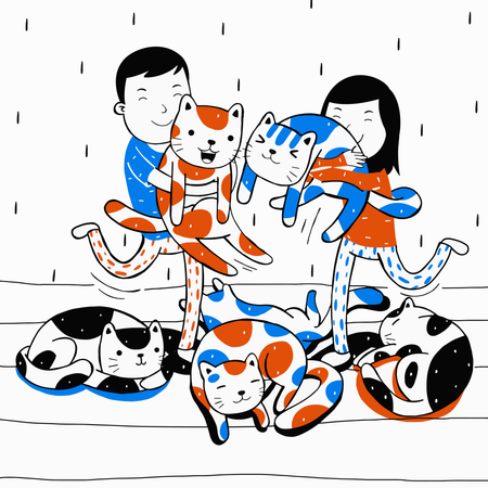 Casal brinca com gatos de estimação  Ilustração