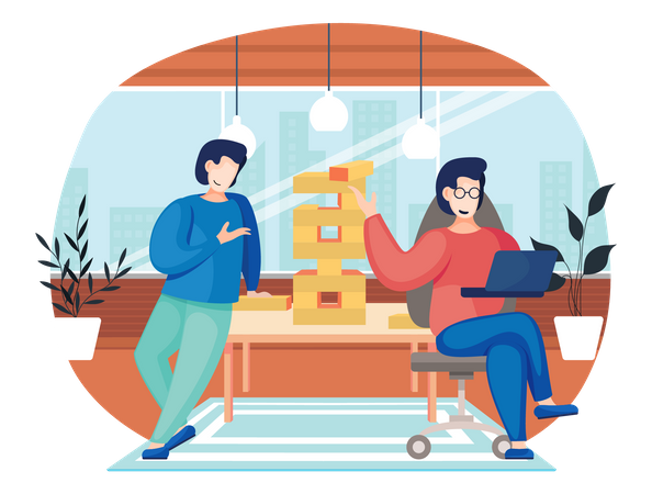 Casal brincando de Jenga em casa  Ilustração