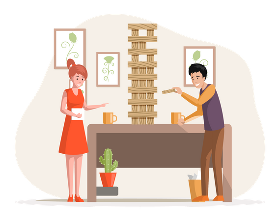 Casal tocando jenga juntos  Ilustração