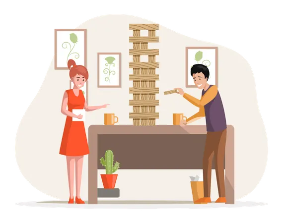 Casal tocando jenga juntos  Ilustração