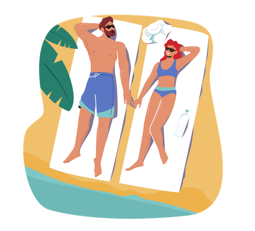 Casal se bronzeando na praia deitado na esteira com creme protetor solar  Ilustração