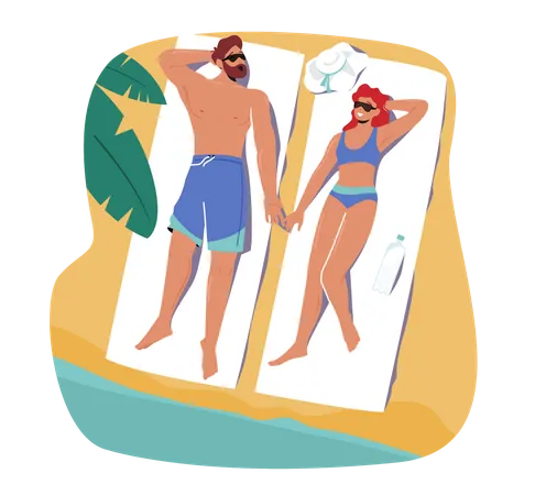 Casal se bronzeando na praia deitado na esteira com creme protetor solar  Ilustração