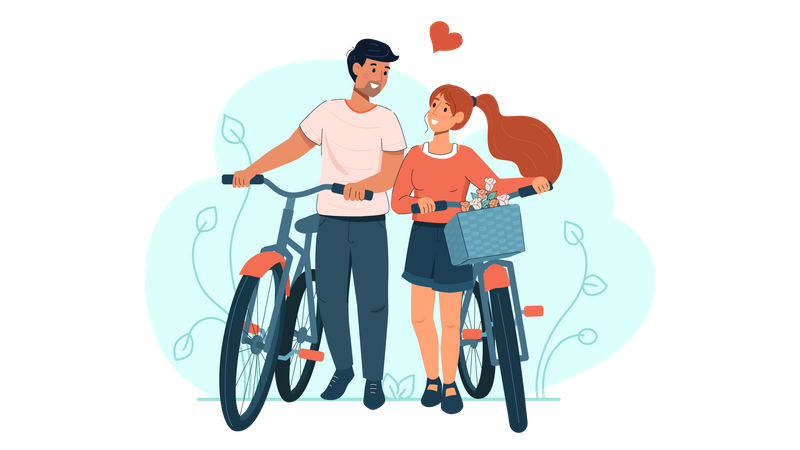 Casal andando junto com bicicleta  Ilustração