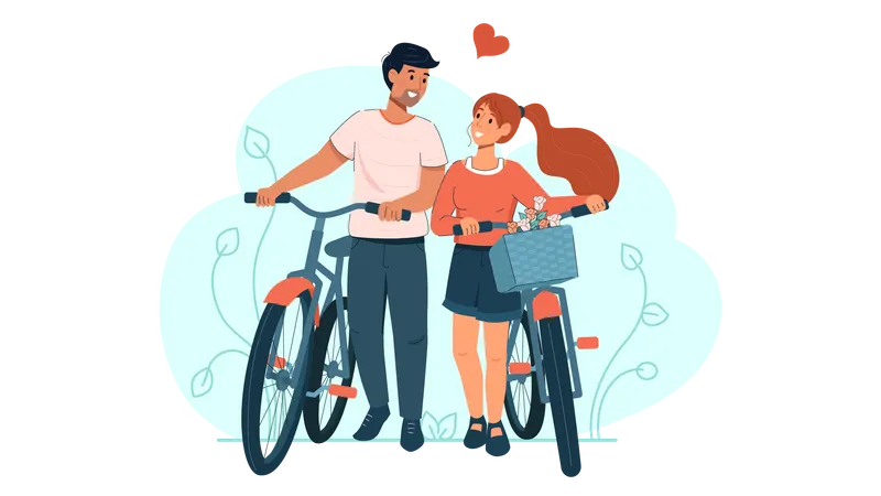 Casal andando junto com bicicleta  Ilustração