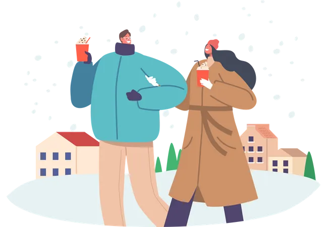 Casal caminhando juntos na neve  Ilustração