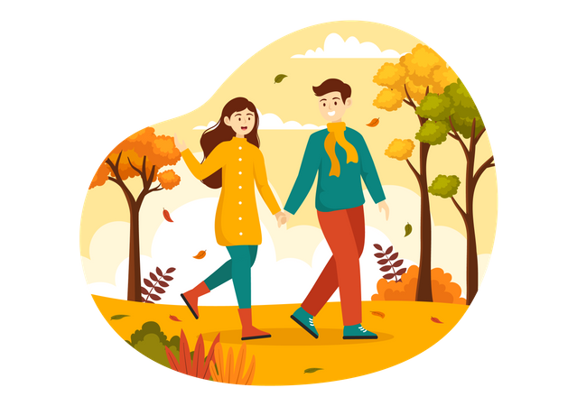 Casal caminhando juntos no parque outono  Ilustração