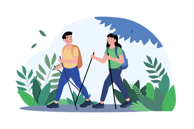 Casal caminhando na floresta  Ilustração