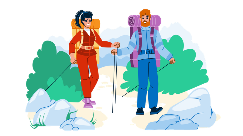 Casal caminhando em mountian  Ilustração