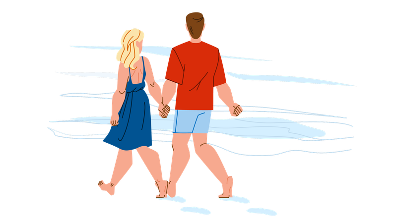 Casal caminhando na praia  Ilustração