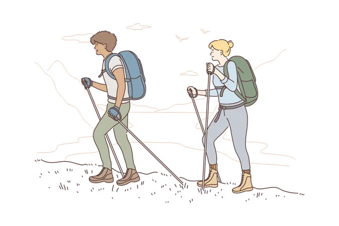 Casal caminhando juntos nas montanhas  Ilustração