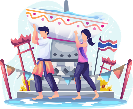 Casal carrega tigela de água para celebrar festival Songkran  Ilustração