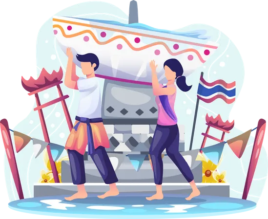 Casal carrega tigela de água para celebrar festival Songkran  Ilustração