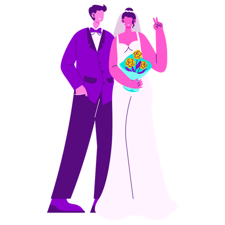 Casal de noivos fazendo pose  Ilustração