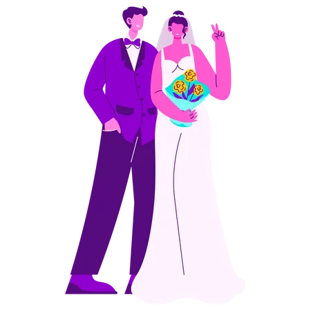 Casal de noivos fazendo pose  Ilustração