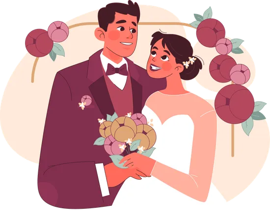 Casal de noivos juntos com buquê de flores  Ilustração