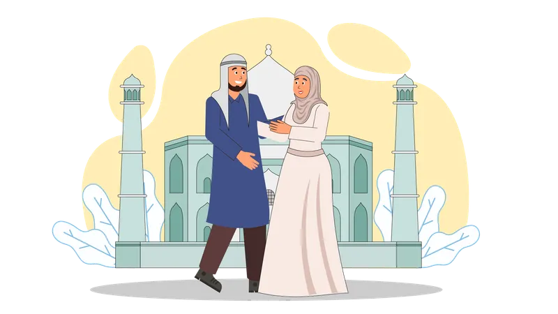 Casal de noivos islâmicos na mesquita  Ilustração