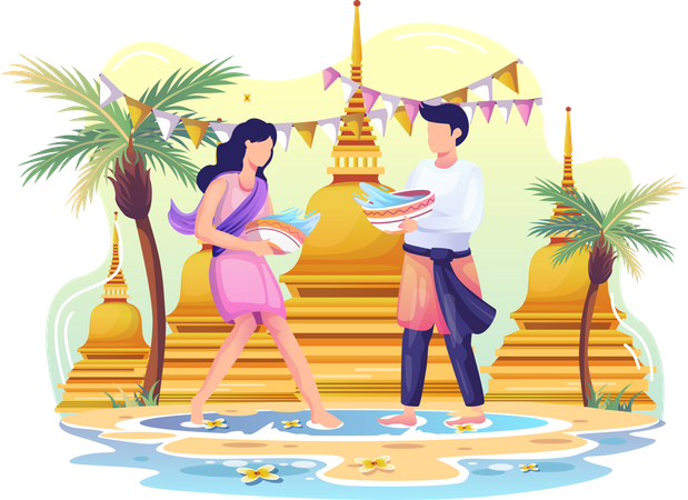 Casal celebra festival Songkran espirrando água  Ilustração