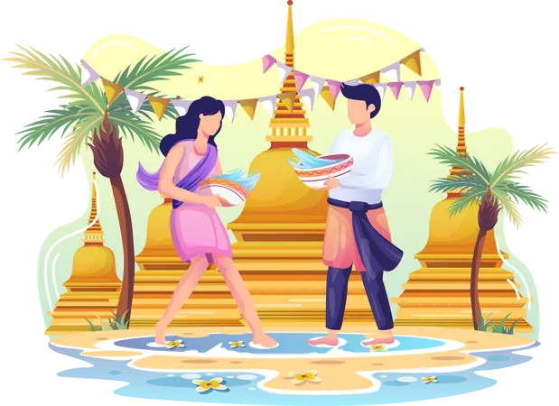 Casal celebra festival Songkran espirrando água  Ilustração