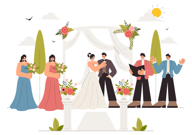 Casal celebrando cerimônia de casamento  Ilustração