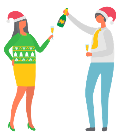Casal comemorando o natal enquanto bebe champanhe  Ilustração
