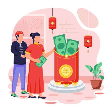 Casal chinês com envelope Hongbao  Ilustração