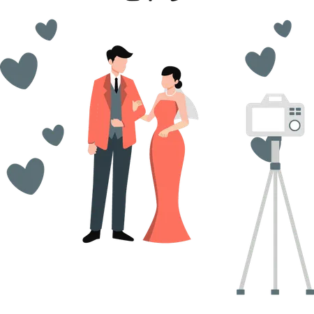 Casal clicando em fotos de casamento  Ilustração