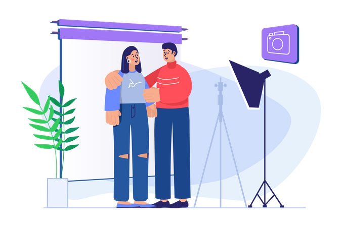 Casal clicando na foto no estúdio fotográfico  Illustration