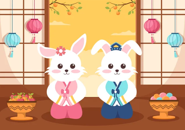 Casal de coelhos em roupas tradicionais no Dia de Chuseok  Ilustração