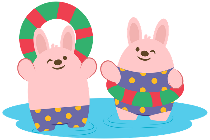 Casal de coelhos vestindo traje de banho  Ilustração
