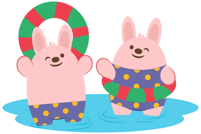 Casal de coelhos vestindo traje de banho  Ilustração