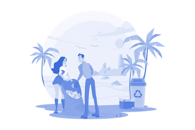 Casal coletando lixo na praia  Ilustração